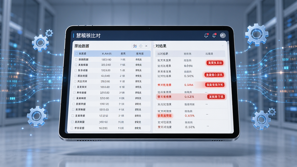 画面中心是一台悬浮的平板设备,屏幕内展示慧稽核的数据比对界面,左侧为原始数据列表,右侧为比对结果与红色异常标注,平板周围漂浮着数据流线条与齿轮图标,布局采用左右对称结构,风格为现代商务科技感,细节包含清晰的数据表格与高亮标记,画质高清,干净,无多余元素