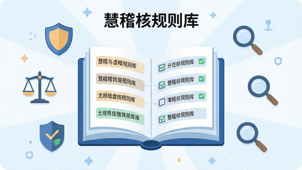 画面中央是一个打开的书本造型的虚拟规则库,书页上浮现出多条规则条目与勾选标记,书本周围环绕盾牌、天平、放大镜等合规象征图标,布局采用中心放射式,风格为扁平插画风,细节包含清晰的文字标签“慧稽核规则库”,画质高清,干净,无多余元素