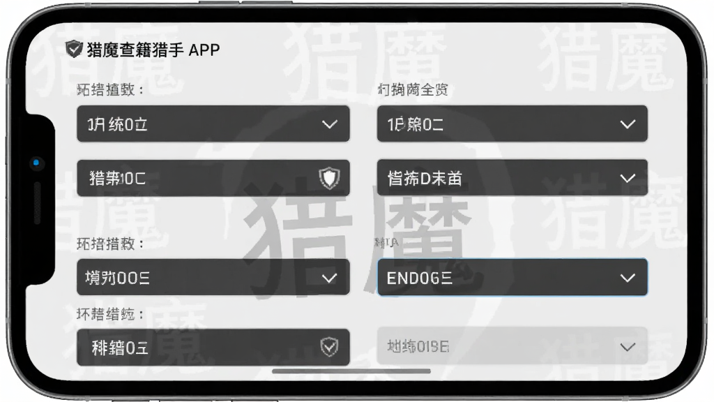 猎魔查籍猎手APP的检索界面,画面中展示多个筛选条件输入框和下拉菜单,背景为浅灰色,界面元素排列整齐,带有“猎魔”字样水印,风格为扁平化设计,画质清晰,干净整洁