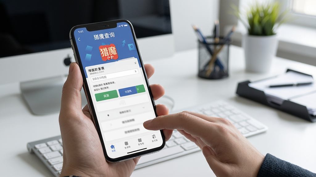 猎魔APP在手机上的操作演示图,画面展示手持手机进行档案检索的场景,手机屏幕显示猎魔查询界面,背景为办公桌面,风格为实景拍摄感,画质清晰,干净无杂乱物品
