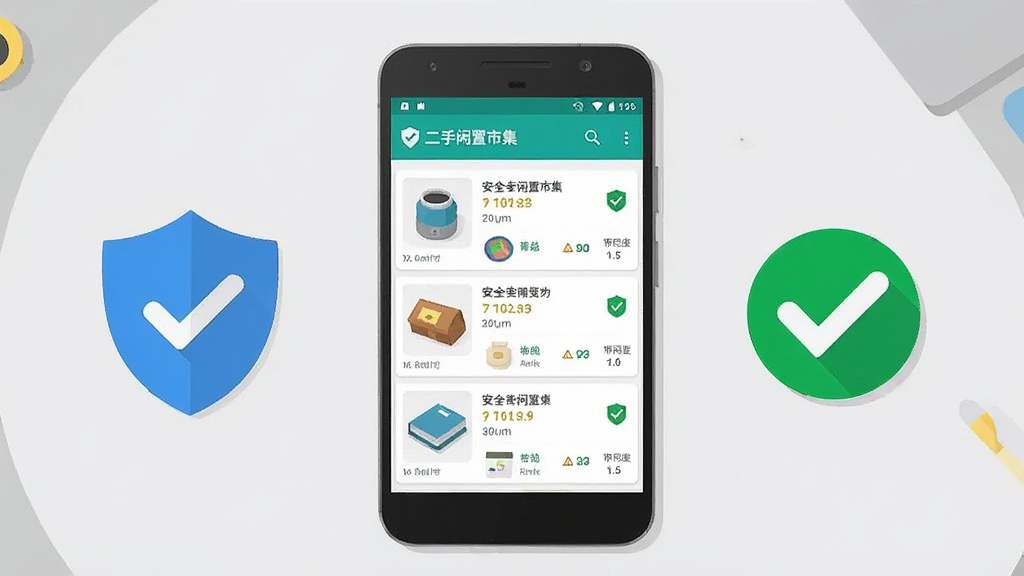 一部安卓手机显示二手闲置市集交易应用正常运行界面,画面中手机屏幕明亮清晰,周围有盾牌图标和绿色对勾表示安全,背景为简洁的浅灰色桌面,布局为单手机居中展示,风格为安全提示类扁平插画风格,细节包括手机边框、屏幕内商品列表、安全标识,画质清晰干净无多余元素