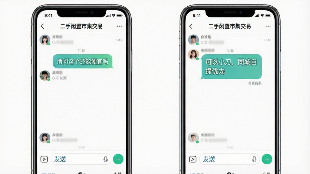 二手闲置市集交易聊天界面示意图,画面展示两部手机并排,左侧手机显示买家发送的