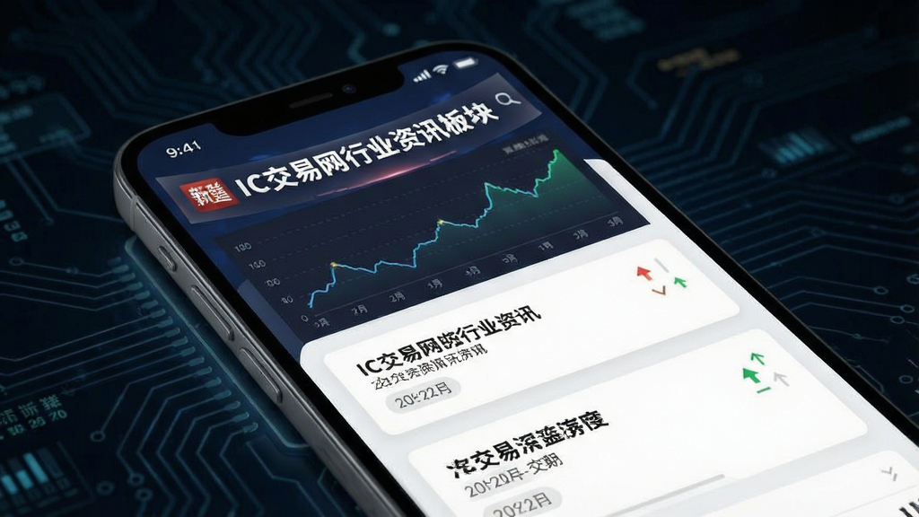 一张展示IC交易网行业资讯板块的图片,画面主体是手机屏幕显示资讯列表,屏幕上方有新闻横幅和趋势折线图,背景为深色科技背景,布局采用上下结构,上方图表,下方资讯卡片,风格为现代资讯流,细节包括标题文字、日期标签和涨跌箭头,画质清晰,画面干净,无多余元素。