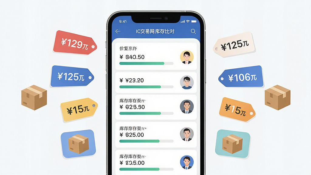 一张展示IC交易网库存价格比对界面的图片,画面中央是手机屏幕显示多个供应商报价列表,屏幕两侧漂浮着价格标签和库存箱图标,布局采用左右对称构图,排版清晰,风格为现代商务扁平化,细节包括人民币符号、数字价格、库存进度条和供应商头像,画质高清,画面干净,无多余元素。