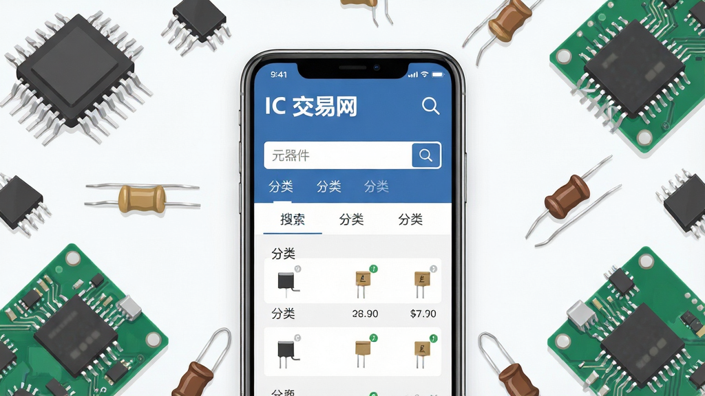 一张展示手机屏幕中IC交易网应用界面的图片,画面中央是一部竖屏智能手机,屏幕内显示IC交易网首页的元器件搜索框与分类导航,周围环绕着电子元器件、电路板和芯片的写实插画,布局采用中心对称构图,排版简洁清晰,风格为现代科技扁平化,细节包括芯片引脚、电阻电容元件和搜索图标,画质高清,画面干净,无多余元素。
