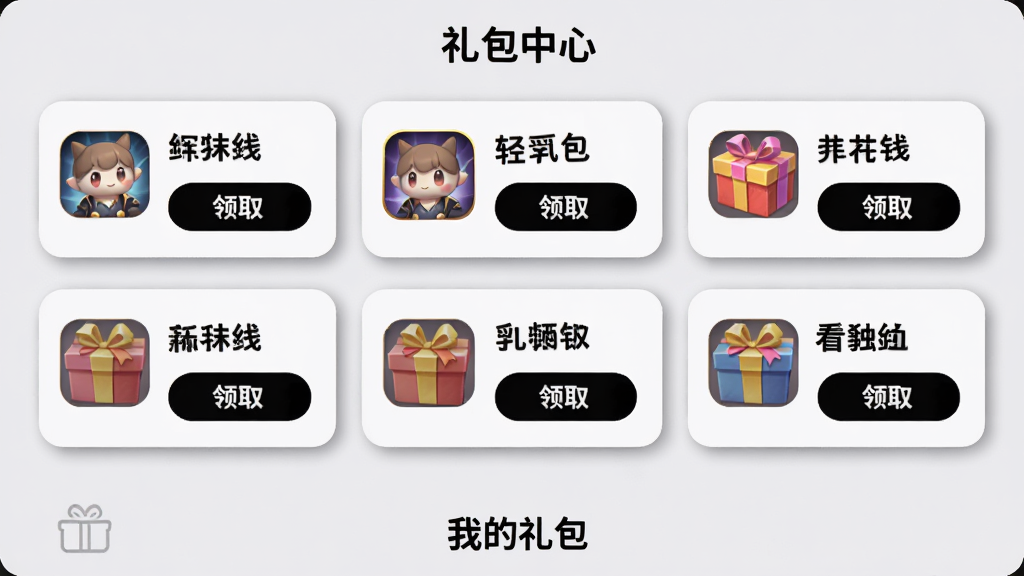 轻氪手游礼包中心界面截图,画面展示多个礼包卡片,每个卡片上有游戏图标、礼包名称和“领取”按钮,背景为浅灰色,顶部有“礼包中心”标题,底部有“我的礼包”入口,整体风格柔和圆角,画质清晰,干净,无多余元素,文字使用黑色字体,卡片带有轻微阴影,排版整齐。