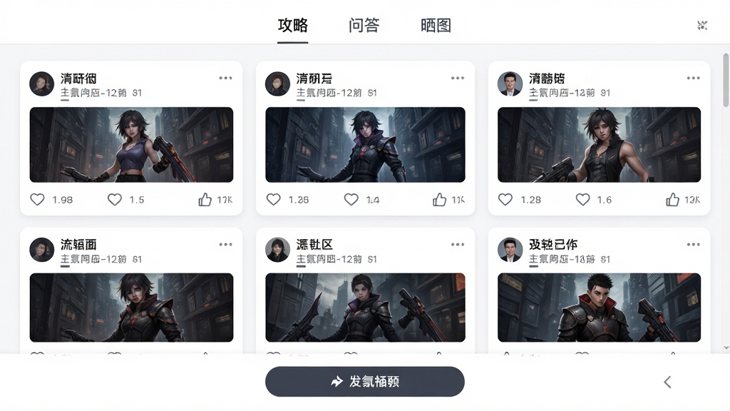 轻氪手游社区界面截图,画面展示多个用户帖子,每个帖子有标题、缩略图和点赞数,顶部有“攻略”“问答”“晒图”三个标签,底部有发帖按钮,背景为白色,风格素雅极简,画质高清,干净,无多余元素,文字使用深灰色,排版清晰。