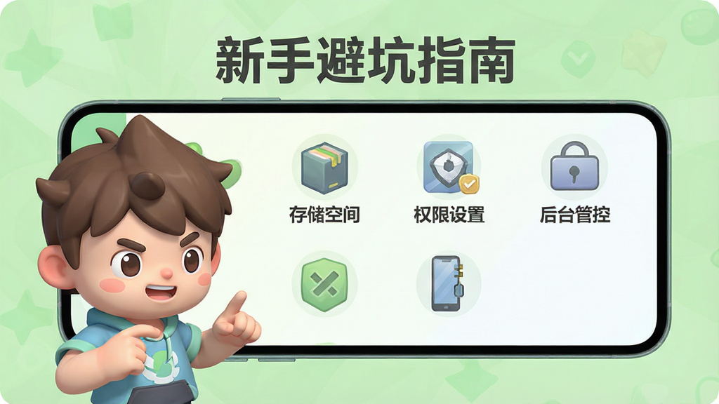 轻氪手游新手引导界面截图,画面展示一个卡通风格的游戏角色正在查看手机屏幕,屏幕上有“新手避坑指南”标题和多个提示图标,如“存储空间”“权限设置”“后台管控”等,背景为浅绿色,风格清新浅色,画质高清,干净,无多余元素,文字使用深灰色,排版整齐。