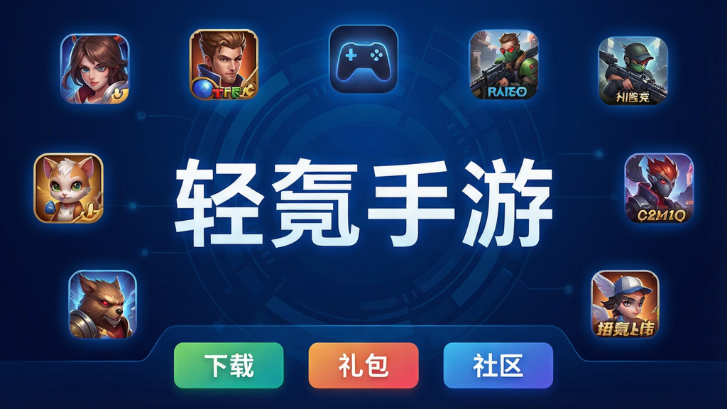 轻氪手游官方应用主界面截图,画面中央展示“轻氪手游”四个大字,背景为深蓝色科技感渐变,周围悬浮着多款热门手游图标,如角色扮演、卡牌对战、射击竞技等,底部有“下载”“礼包”“社区”三个功能按钮,整体风格简洁干净,画质清晰,无多余元素,布局为手机屏幕比例,排版整齐,风格偏向现代扁平化设计,细节上图标带有轻微发光效果,文字使用白色无衬线字体,画质超清,干净,无多余元素。