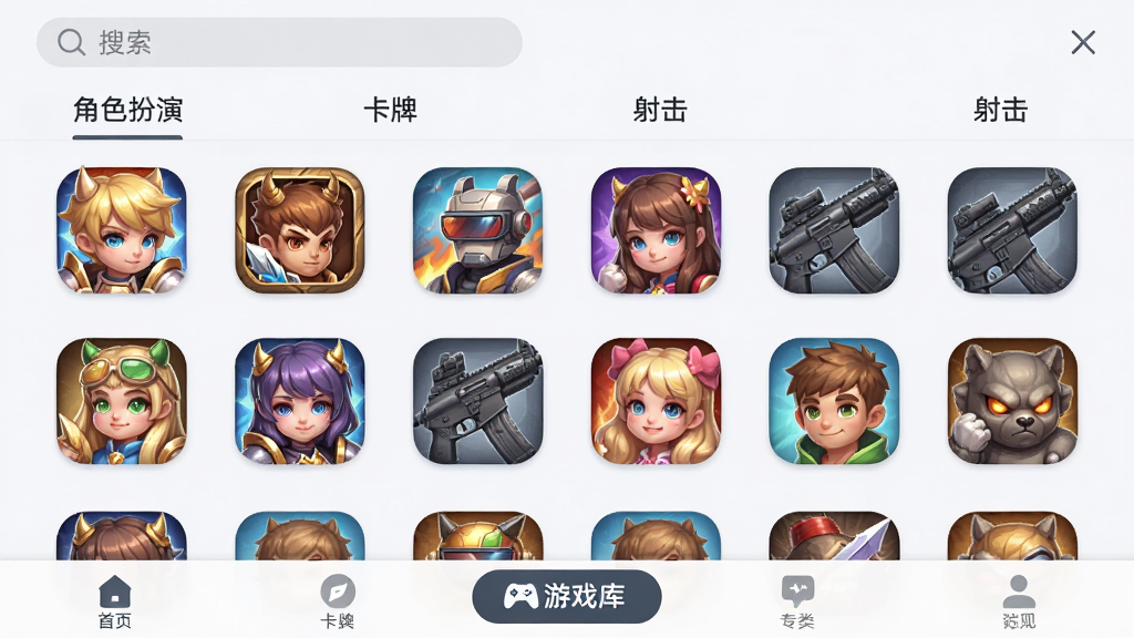 轻氪手游游戏库界面截图,画面以网格形式排列多款游戏图标,顶部有搜索框和分类标签,如“角色扮演”“卡牌”“射击”等,底部导航栏高亮显示“游戏库”按钮,整体布局清晰,风格清新浅色,画质高清,干净,无多余元素,文字使用深灰色字体,图标带有圆角,排版整齐。