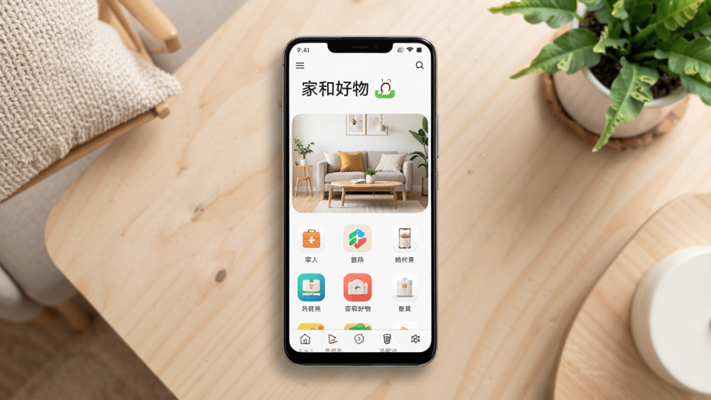 主体为一部安卓手机屏幕显示家和好物应用首页界面,布局为手机居中放置于浅色木纹桌面上,排版采用上下结构上方为软件名称“家和好物”下方为商品分类图标,风格为现代简约家居风,细节包括沙发、抱枕、绿植等温馨元素点缀,画质清晰明亮,干净无多余元素