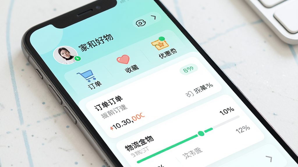 主体为家和好物应用个人中心页面,布局为顶部头像与昵称下方为订单、收藏、优惠券等图标入口,排版采用列表式结构,风格为清爽浅色系界面,细节包括订单卡片与物流进度条,画质清晰,干净无多余元素,画面中带文字“家和好物”