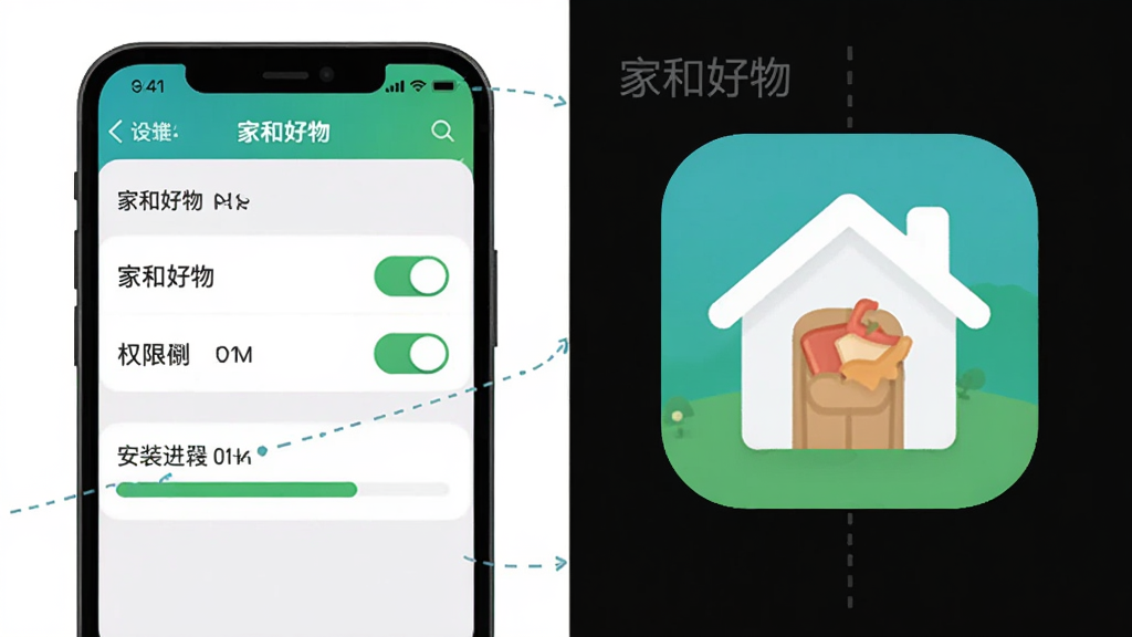 主体为家和好物应用安装与权限设置示意图,布局为左侧手机设置界面右侧应用图标,排版左右对比,风格为扁平化教程插图,细节包括权限开关与安装进度条,画质清晰,干净无多余元素,画面中带文字“家和好物”