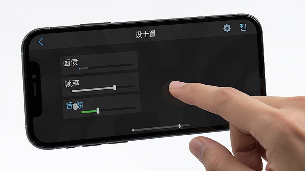 手机屏幕显示外卖员模拟器游戏设置界面,有画质、帧率、音量等选项,旁边有一只手正在点击屏幕,背景是简洁的深色UI,风格清晰直观,画质干净,无多余元素