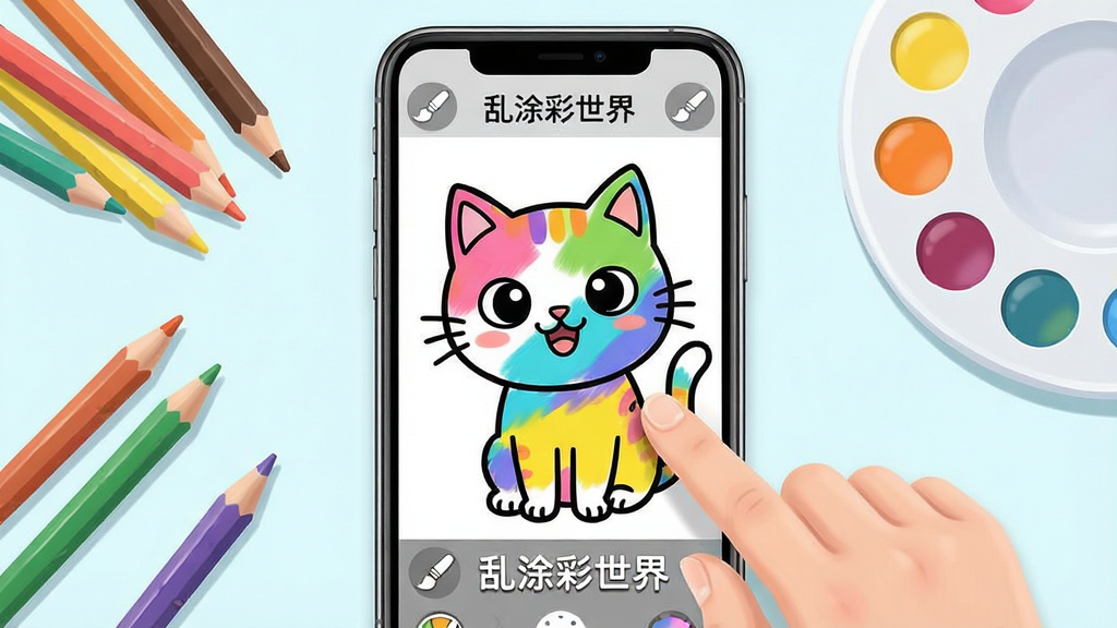 一幅展示乱涂彩世界手游界面的生图,主体为手机屏幕中呈现黑白线稿涂色画面,手指正在为卡通猫咪填充鲜艳色彩,布局采用居中构图,手机两侧散落彩色铅笔与调色盘,排版简洁突出屏幕内容,风格为清新明快的数字插画,细节包含渐变色块、笔刷图标、色盘面板,画质高清干净,无多余元素,画面中文字标注“乱涂彩世界”