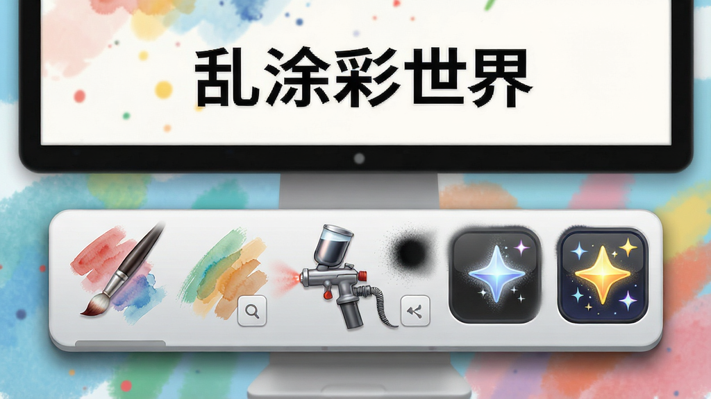 一幅乱涂彩世界笔刷选择面板的生图,主体为悬浮在屏幕下方的笔刷工具栏,布局采用横向排列,排版紧凑直观,风格为拟物化设计,细节包含水彩笔触、喷枪雾化、星光闪烁效果图标,画质高清干净,无多余元素,画面中文字标注“乱涂彩世界”