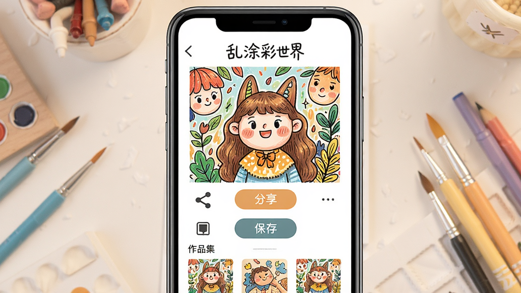 一张乱涂彩世界作品分享界面的生图,主体为手机展示已完成涂色的精美画作,布局采用居中展示配合分享按钮,排版简洁大方,风格为温暖治愈系插画,细节包含分享图标、保存按钮、作品集缩略图,画质高清干净,无多余元素,画面中文字标注“乱涂彩世界”