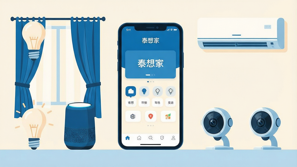 一张展示智能家居全貌的场景图,画面中央是一部智能手机,屏幕上显示“泰想家”App的控制界面,周围环绕着智能灯泡、智能音箱、智能窗帘、智能空调和安防摄像头等设备,采用现代简约的扁平化插画风格,色调以科技蓝和暖白为主,布局清晰,细节丰富,画面干净,无多余元素,高清画质