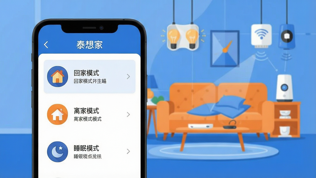一张展示“泰想家”App场景联动设置界面的图片,画面中手机屏幕显示场景列表,如“回家模式”“离家模式”“睡眠模式”,每个场景配有图标和简短描述,背景是智能家居设备协同工作的示意图,采用扁平化插画风格,色调以蓝色和橙色为主,布局清晰,细节丰富,画面干净,无多余元素,高清画质