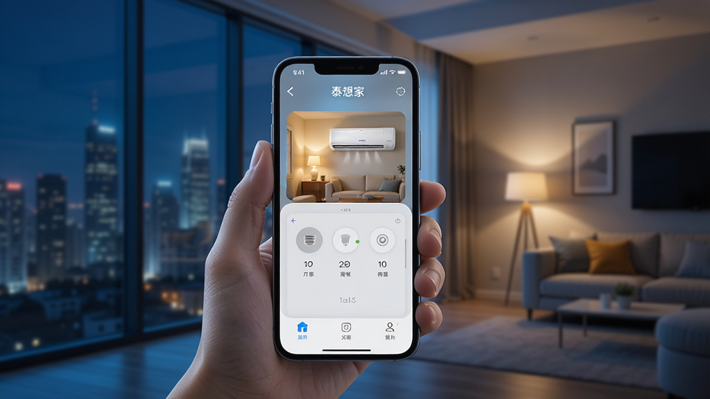 一张展示“泰想家”App远程控制功能的图片,画面中一只手拿着手机,手机屏幕显示家中灯光和空调的远程控制界面,背景是城市夜景与家的对比,采用现代写实风格,色调偏冷但带有暖光点缀,细节逼真,画面干净,无多余元素,高清画质