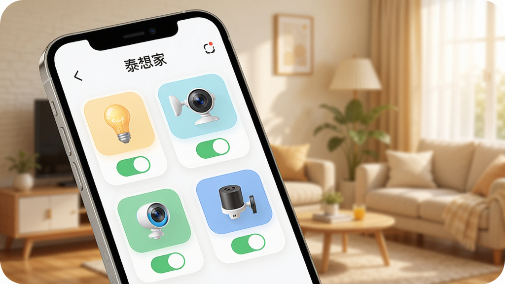 一张展示“泰想家”App设备管理界面的图片,画面中手机屏幕显示多个智能设备图标整齐排列,包括灯泡、插座、摄像头等,每个图标下方有开关状态,背景是温馨的家居环境,采用柔和圆角设计风格,色调清新明亮,细节精致,画面干净,无多余元素,高清画质