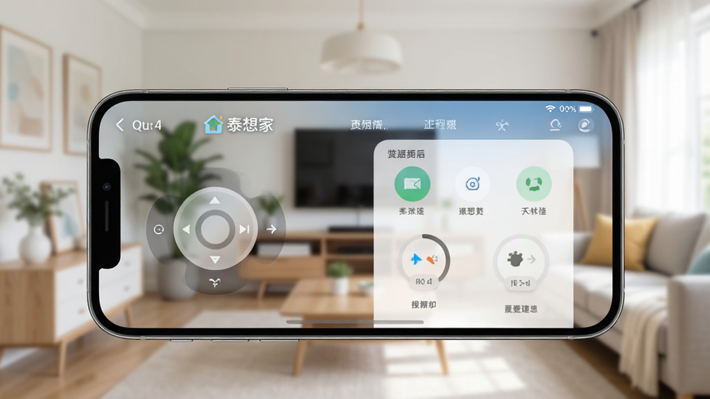 一张展示“泰想家”App在手机上运行流畅的界面截图,画面中手机屏幕显示设备控制面板,背景是模糊的家居环境,采用写实风格,色调明亮,细节清晰,画面干净,无多余元素,高清画质