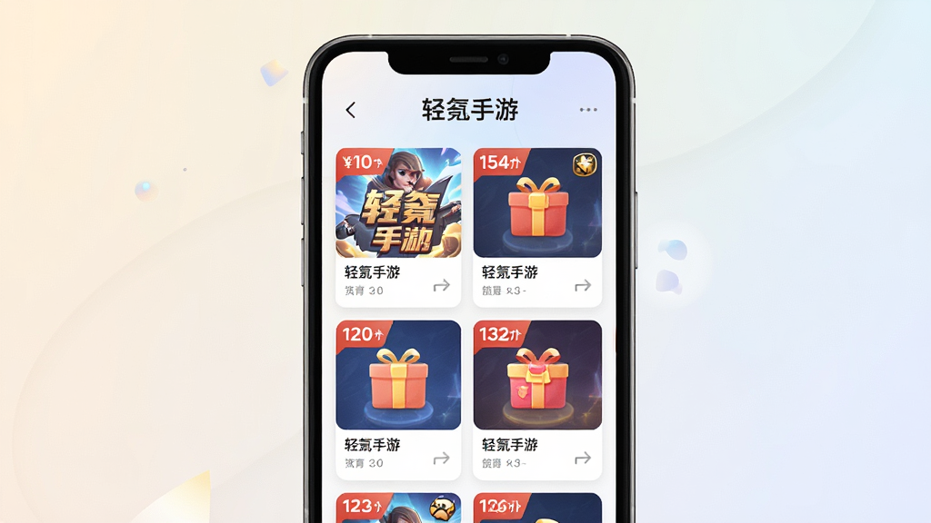 一张轻氪手游福利聚合页面的概念图,画面主体为手机屏幕,屏幕内显示“轻氪手游”字样和多个游戏福利卡片,卡片上有折扣标签和礼包图标,背景为浅色渐变,布局采用网格排列,风格现代简洁,细节清晰,画质高清,干净无多余元素