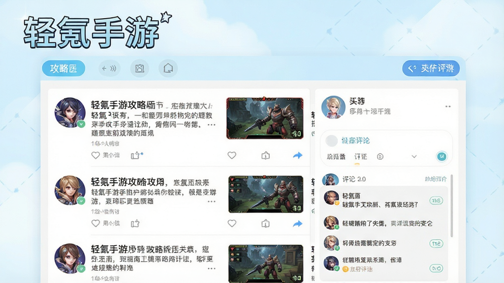一张展示轻氪手游攻略社区界面的图片,画面中有“轻氪手游”文字标识,屏幕内显示攻略文章列表和用户评论区域,布局为上下结构,风格清新明亮,细节处有游戏角色小图标点缀,画质高清,干净无多余元素