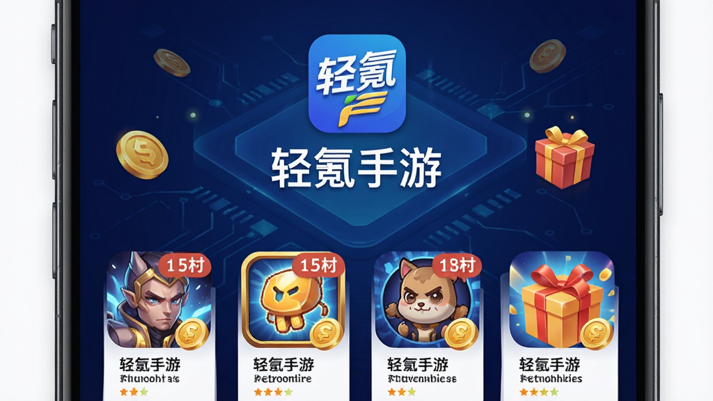 一张展示轻氪手游平台界面的手机屏幕截图,画面中央是轻氪手游的LOGO和名称“轻氪手游”,下方排列着多款热门手游的图标与折扣标签,背景为深蓝色渐变科技风格,布局清晰,排版简洁,细节处有金币和礼包元素点缀,画质高清,干净无多余元素