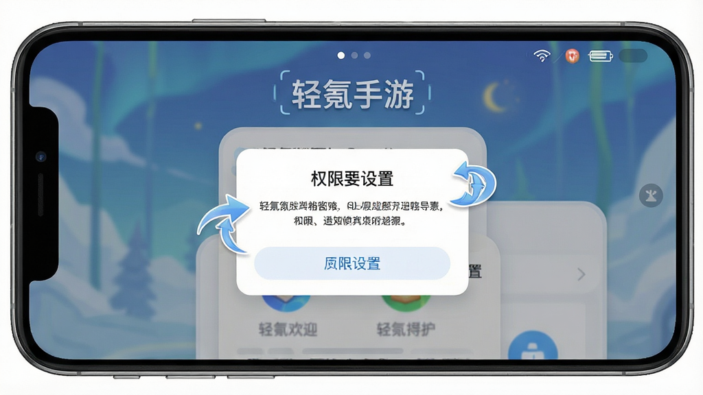 一张展示轻氪手游新手引导页面的手机截图,画面中手机屏幕显示“轻氪手游”欢迎界面和权限设置提示弹窗,布局为居中卡片式,风格简洁明快,细节处有箭头指引和文字说明,画质高清,干净无多余元素