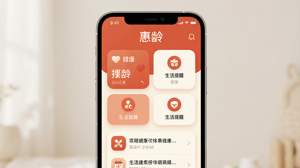 画面中央展示一部智能手机,手机屏幕上显示“惠龄”应用的主界面,界面包含健康记录卡片、生活提醒图标和资讯列表,布局为上下结构,顶部有应用名称“惠龄”字样,整体采用温暖柔和的橙红色与米白色配色,风格简洁现代,细节包括圆角图标和清晰的大号字体,画质高清,干净,无多余元素