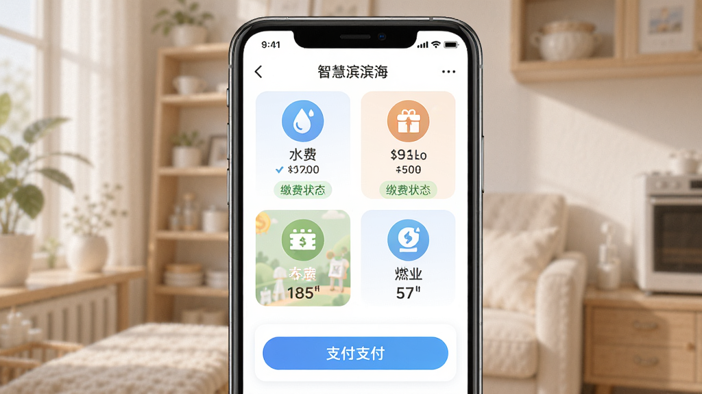 智慧滨海App生活缴费功能界面展示,手机屏幕中呈现水费电费燃气费物业费等缴费入口图标,主体为手机界面居中,布局为网格排列,风格温馨生活化,细节包含账单金额显示、缴费状态标签、支付按钮,画质高清干净无多余元素