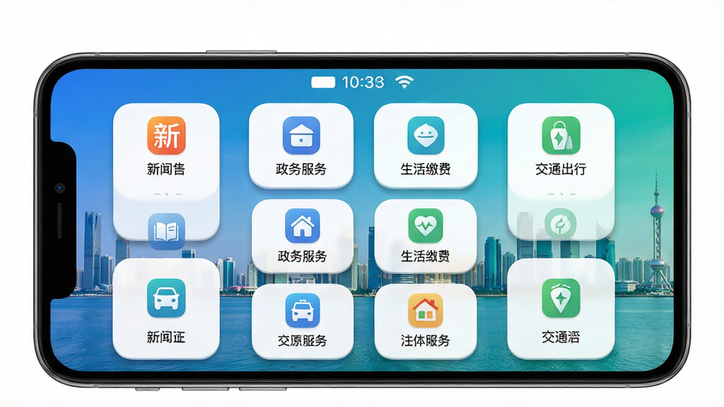 智慧滨海App主界面全貌展示,手机屏幕中呈现新闻资讯、政务服务、生活缴费、交通出行等多个功能模块图标整齐排列,背景为滨海城市天际线与蓝绿色调渐变,主体清晰居中,布局为上下结构上方品牌Logo下方功能宫格,排版整齐有序,风格现代科技感,细节包含图标阴影、圆角卡片、状态栏时间显示,画质高清干净无多余元素