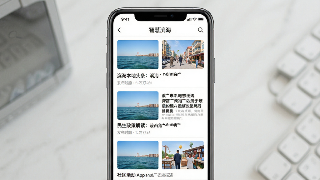 智慧滨海App新闻资讯页面展示,手机屏幕中呈现图文并茂的新闻列表,包含滨海本地头条、民生政策解读、社区活动报道等内容,主体为手机界面居中展示,布局为垂直列表排列,风格清新简洁,细节包含新闻缩略图、标题文字、发布时间标签,画质高清干净无多余元素