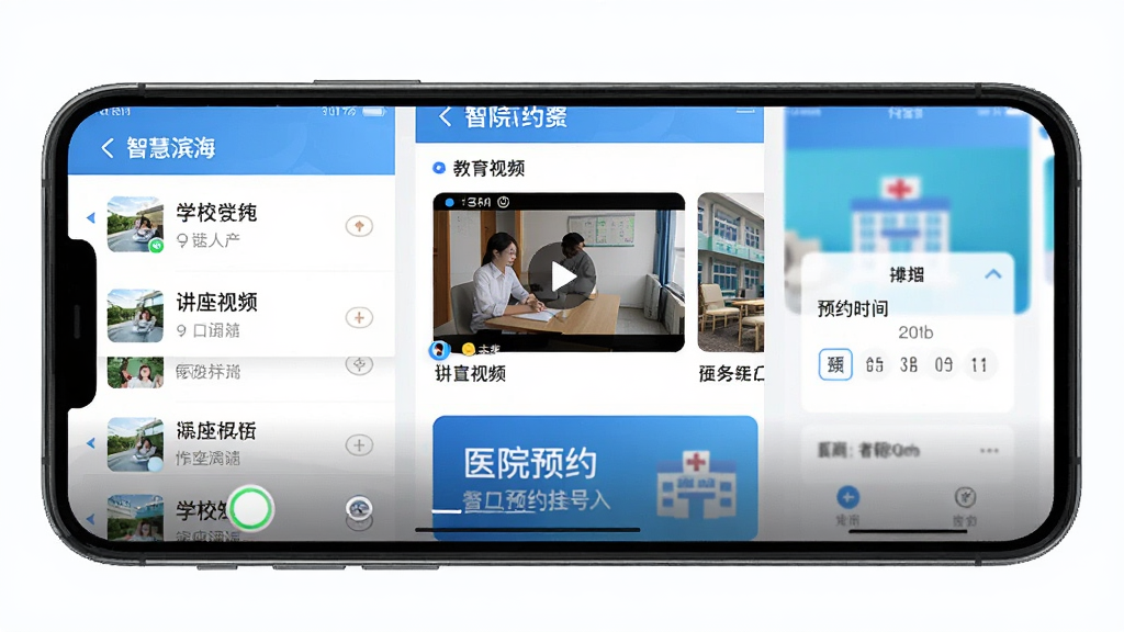 智慧滨海App教育医疗板块界面展示,手机屏幕中呈现学校列表、讲座视频缩略图、医院预约挂号入口,主体为手机界面居中,布局为上下分区,风格专业简洁,细节包含视频播放按钮、预约时间选择器,画质高清干净无多余元素