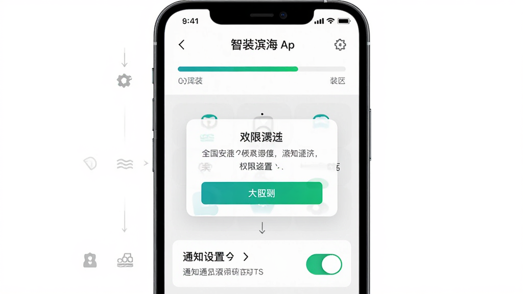 智慧滨海App在手机上的安装与权限设置界面展示,手机屏幕中呈现安装进度条、权限请求弹窗、通知设置开关,主体为手机界面居中,布局为分步操作展示,风格清晰直观,细节包含允许按钮、权限图标、设置齿轮,画质高清干净无多余元素