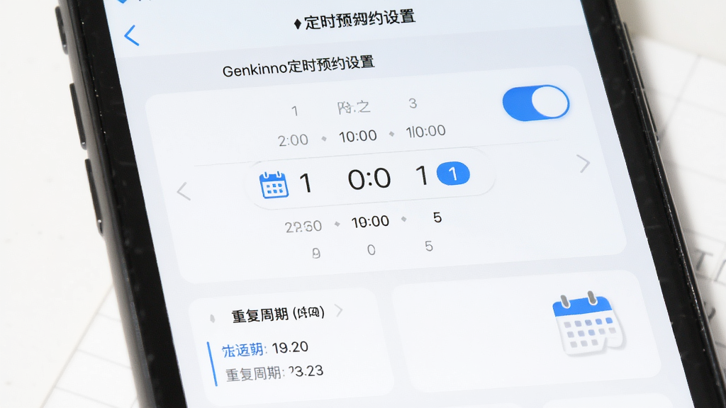 Genkinno定时预约设置界面图,主体为手机屏幕显示定时预约设置页面,屏幕上有时间选择器和重复周期选项,布局为纵向排列,排版简洁,风格为清新浅色UI风格,细节包括蓝色开关按钮、日历图标、白色背景,画质高清,干净,无多余元素