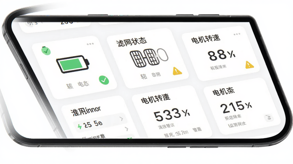 Genkinno设备状态监测功能图,主体为手机屏幕显示设备状态监测面板,面板上有电池图标、滤网状态、电机转速等参数,布局为卡片式排列,排版整齐,风格为现代扁平化设计,细节包括绿色正常状态标识、黄色警告图标、白色背景,画质高清,干净,无多余元素