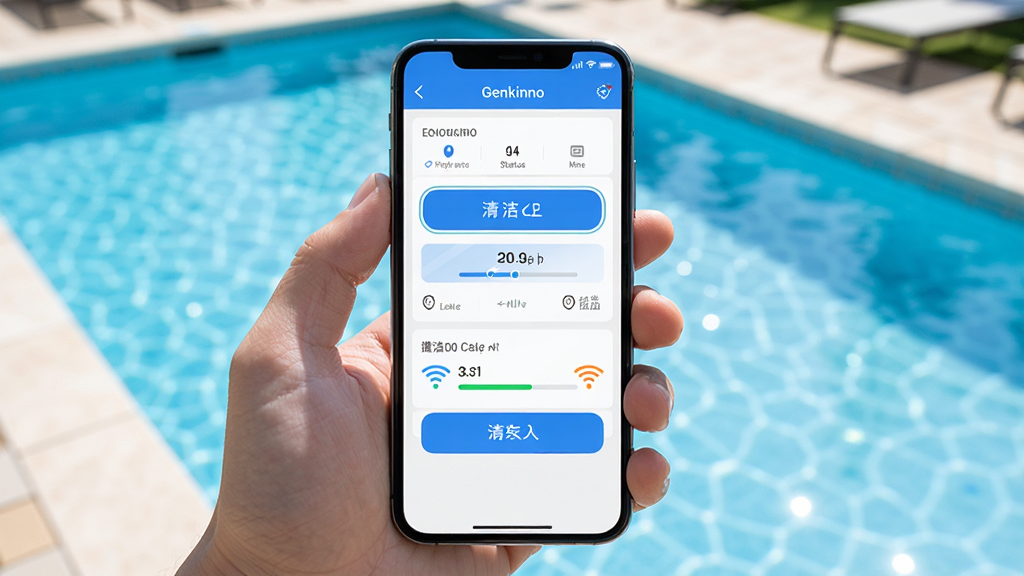 Genkinno远程控制功能展示图,主体为一只手拿着手机,手机屏幕显示Genkinno远程控制界面,背景为干净的泳池和阳光,布局为手机屏幕居中,排版突出控制按钮和状态信息,风格为写实摄影与UI叠加风格,细节包括蓝色按钮、清洁进度条、WiFi信号图标,画质高清,干净,无多余元素