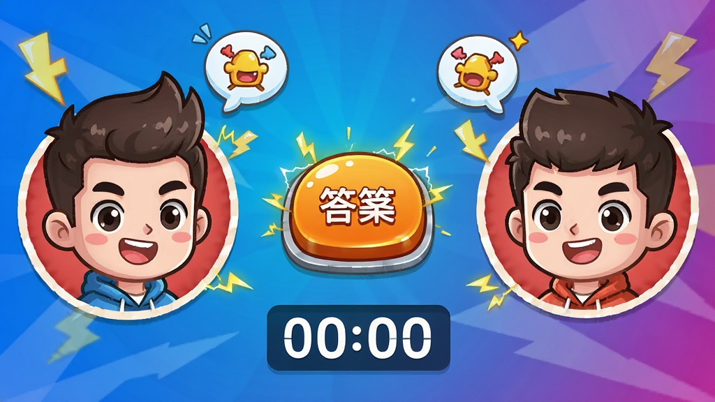 一张展示猜成语游戏好友对战界面的图片,画面主体是两个卡通人物头像分列屏幕左右,中间是一个抢答按钮和倒计时数字,布局对称,风格为活泼的卡通竞技风格,细节包含闪电特效和加油气泡,画质清晰,干净,无多余元素。
