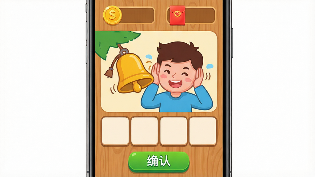 一张手机屏幕展示猜成语游戏主界面,画面中央是一幅生动的卡通插画,描绘了一个人捂着耳朵去偷铃铛的场景,下方有四个空白成语填字格,屏幕顶部显示金币和红包奖励图标,整体布局清晰,风格采用明亮活泼的扁平化设计,细节包含木质纹理的背景和绿色的确认按钮,画质高清,干净整洁,无多余元素。