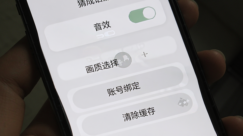 一张展示猜成语游戏设置菜单界面的图片,画面主体是一个手机屏幕显示设置选项列表,包含音效开关、画质选择、账号绑定和清除缓存按钮,布局为垂直列表,风格为简洁的浅灰色调,细节包含清晰的图标和文字说明,画质高清,干净,无多余元素。