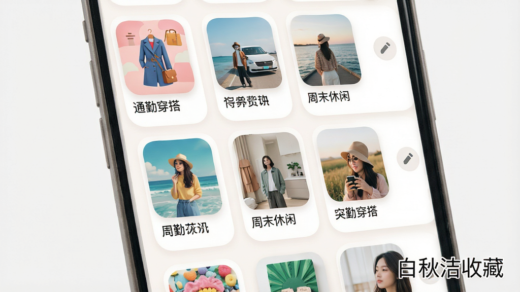一张展示手机应用收藏管理页面的界面图,画面中一部手机竖屏显示收藏夹列表,每个收藏夹有封面图和名称,如“通勤穿搭”“周末休闲”等,右侧有编辑按钮。整体布局为卡片式网格,风格柔和圆角,细节包括彩色封面缩略图、圆角矩形卡片、浅色背景,画质高清,干净,无多余元素,图片中打文字“白秋洁收藏”。