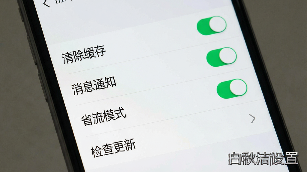 一张展示手机应用设置页面的界面图,画面中一部手机竖屏显示设置菜单,包含“清除缓存”“消息通知”“省流模式”“检查更新”等选项,每个选项右侧有开关或箭头图标。整体布局为纵向列表,风格素雅极简,细节包括浅灰色背景、黑色文字、绿色开关按钮,画质高清,干净,无多余元素,图片中打文字“白秋洁设置”。