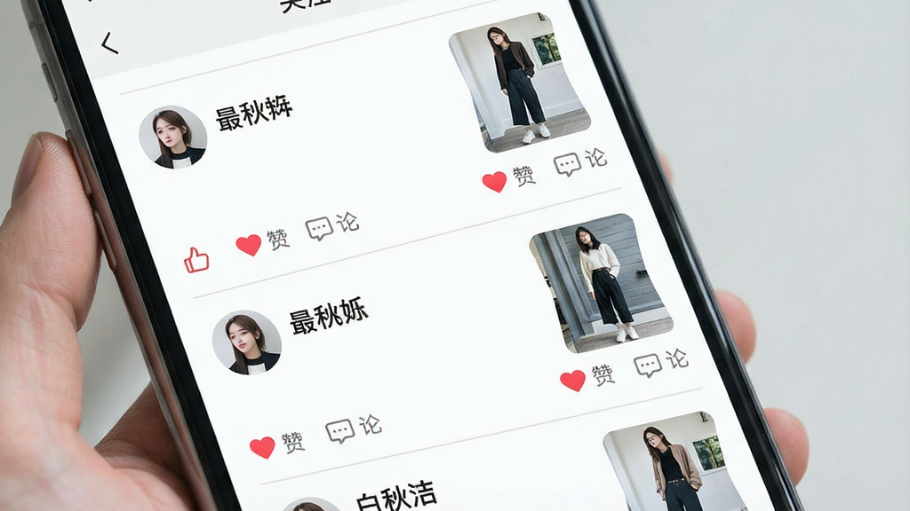 一张展示穿搭社区关注动态页面的手机界面图,画面中一部手机竖屏显示关注列表,列表中包含多位博主的头像、昵称和最新发布的穿搭缩略图,每条动态下方有点赞和评论图标。整体布局为纵向列表,风格清新浅色,细节包括圆形头像、浅灰色分割线、红色点赞小图标,画质高清,干净,无多余元素,图片中打文字“白秋洁”。