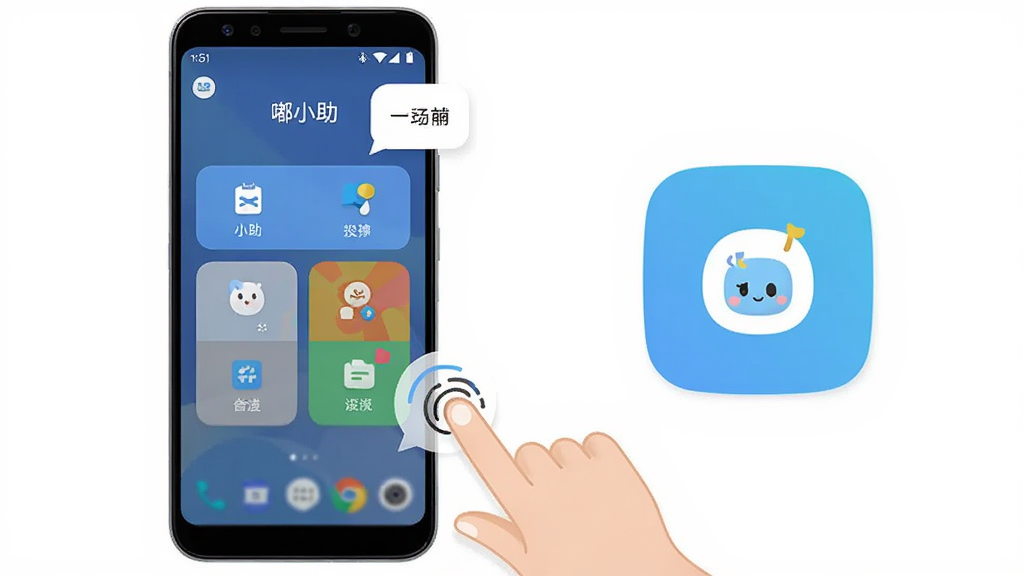 一部安卓手机屏幕显示“嘟小助”智能辅助界面,界面中有多个快捷操作按钮和浮动气泡,手机旁边有手指点击的示意图形。布局为左右结构,左侧手机右侧图标。风格为清新简约,细节清晰,画质干净,无多余元素。