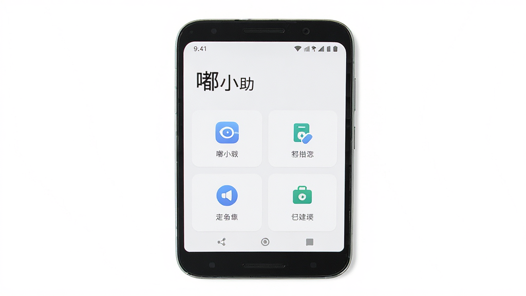 一部安卓手机展示“嘟小助”主界面,界面干净整洁,有少量功能图标和文字标签。布局为居中手机展示,背景为纯白色。风格为极简主义,细节精致,画质高清,无多余元素。