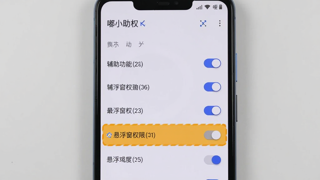 画面展示一部安卓手机屏幕上显示“嘟小助”的权限设置页面,页面中有多个权限开关,其中辅助功能和悬浮窗权限被高亮标注。布局为居中手机展示,背景为淡灰色。风格为教程说明风,细节清晰,画质干净,无多余元素。