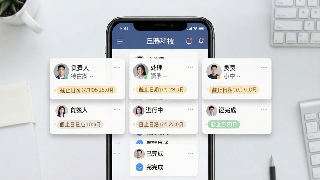 一张展示丘腾科技任务看板功能的界面截图风格图片,画面主体为手机屏幕内显示三列任务卡片(待处理、进行中、已完成),卡片上有负责人头像、截止日期标签,屏幕上方有“丘腾科技”应用名称,背景为简洁的浅灰色办公桌面,风格为清爽商务扁平化,细节处卡片带有轻微投影,画质干净清晰无多余装饰