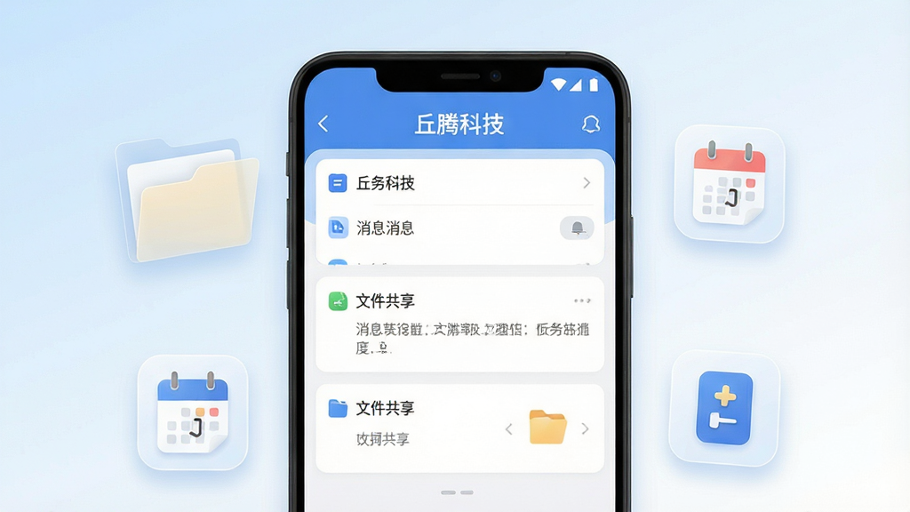 一张展示丘腾科技移动应用主界面的场景图,画面中央放置一部安卓手机,手机屏幕显示带有任务列表、消息通知、文件共享等模块的办公应用界面,界面顶部有“丘腾科技”字样,手机周围环绕半透明的文件夹、日历、打卡图标等办公元素,整体布局采用居中构图,背景为浅蓝到白色的渐变色调,风格为现代扁平化科技风,细节处体现圆角图标与柔和阴影,画质清晰干净无多余元素